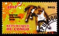 Postage stamp printed in Congo shows American Staffordshire Terrier, Dogs serie, circa 2013