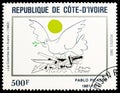 Postage stamp printed in Cote d`Ivoire shows The Dove of the future, 1962, Picasso Paintings serie, circa 1982