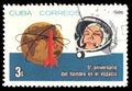 A postage stamp printed in Cuba dedicated to the five-year date of the world`s first manned space flight - Soviet cosmonaut Yuri