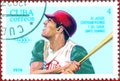 Postage stamp printed in Cuba with a picture of a baseball player, with the inscription `12 Central American and Caribbean games