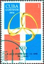 Postage stamp printed in Cuba with a picture of a emblem games, with the inscription `12th Central American and Caribbean games