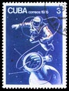 Postage stamp printed in Cuba shows A. Leonov\'s Space Walk, 15th Anniversary of the First Manned Space Flight serie, circa 1976