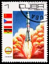 Postage stamp printed in Cuba shows Rocket launch, Space day serie, circa 1979