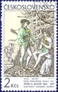 Postage stamp printed in Czechoslovakia, shows `Gamekeeper and shepherd of Orava Castle`, 1847, by Peter Bohun 1882 - 1879