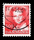 Postage stamp printed in Denmark shows Queen Margrethe II, 3 dkr. - Danish krone, 2nd serie, circa 1988 Royalty Free Stock Photo