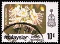 Postage stamp printed in Federal Malay States shows Durio zibethinus, Penang serie, 10 Malaysian sen, circa 1979 Royalty Free Stock Photo