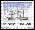 Postage stamp printed in Finland shows Expedition ship `Vega` 1878 for Polar exploration, Norden - Shipping serie, circa 1998