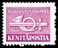 Postage stamp printed in Finland shows Posthorn and sword, Army Postal Service - 1944 serie, No Face Value, circa 1944