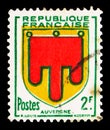 Postage stamp printed in France shows Auvergne, Coats of Arms serie, 2 - French franc, circa 1949