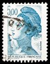 Postage stamp printed in France shows Liberty, 5 Ã¢âÂ£ - French franc, LibertÃÂ© de Gandon serie, circa 1982