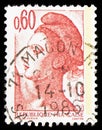 Postage stamp printed in France shows Liberty, 0.60 - French franc, LibertÃÂ© de Gandon serie, circa 1982
