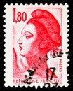 Postage stamp printed in France shows Liberty, 1.80 - French franc, LibertÃÂ© de Gandon serie, circa 1982 Royalty Free Stock Photo