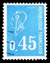 Postage stamp printed in France shows Marianne type BÃÂ©quet, serie, circa 1971