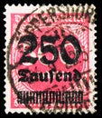 Postage stamp printed in German Realm shows Surcharge - 250T on 500m (numbers), Inflation Series, 250000 German reichsmark, circa