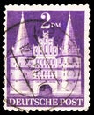 Postage stamp printed in Germany, Allied Occupation 1945-1949, shows Holstentor, LÃÂ¼beck, American and British Zone serie, circa