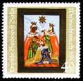 Postage stamp printed in Germany, Berlin, shows Epiphany, glass paintings from Buchers Bohemian Forest, Christmas 1981 serie,