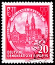 Postage stamp printed in Germany, Democratic Republic, shows Elbe bridge, castle tower and catholic court church, 750 years of Royalty Free Stock Photo