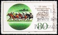 Postage stamp printed in Germany devoted to 125 years horse racing track Hoppegarten, serie, circa 1993