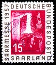 Postage stamp printed in Germany, Saarland, showsIron foundry, steel-worker, fair emblem, Saar fair serie, circa 1957