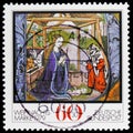 Postage stamp printed in Germany shows `Nativity` Altenberg medieval manuscript, Christmas 1979 serie, circa 1979