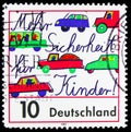 Postage stamp printed in Germany shows Road traffic (childrens painting), circa 1997