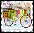 Postage stamp printed in Greece shows Bicycle, the green way of transportation, The Bicycle serie, circa 2014