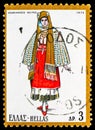 Postage stamp printed in Greece shows Female Costume from the island of Nisiros, Dodecannese, National Costumes I serie, circa