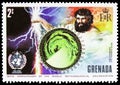 Postage stamp printed in Grenada shows Zeus Greek god and radarscope, Centenary of the World Meteorological Organization serie, Royalty Free Stock Photo