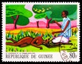 Postage stamp printed in Guinea shows The Hunter and the Antelope Woman, African Legends serie, circa 1968