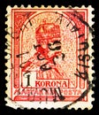 Postage stamp printed in Hungary shows King Franz Josef (1830-1916), Turul and Stephan's crown serie, 1 Hungarian korona, circa