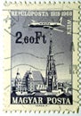 A postage stamp printed in Hungary shows plane over Vienna, Austria. Circa 1966, Airpost, Plane over Cities
