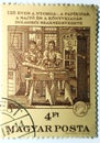 A postage stamp printed by Hungary for 125th Anniversary of the Hungarian Press Workers\' Union Circa987