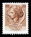 Postage stamp printed in Italy shows Coin of Syracuse, 20 Lires, serie, circa 1955