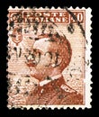 Postage stamp printed in Italy shows Effigy of Vittorio Emanuele III to the left, Michetti to the left serie, circa 1908