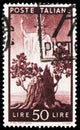 Postage stamp printed in Italy shows Tree in bloom and Italy, Democracy serie, 50 - Italian lira, circa 1945