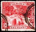 Postage stamp printed in Jamaica shows Llandovery Falls, Establishment of Jamaica as British Territory serie, circa 1900 Royalty Free Stock Photo