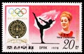 Postage stamp printed in Korea shows Gymnastics (Vera Caslavska), History of the Olympics - posters and gold medalist serie, circa