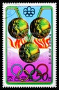 Postage stamp printed in Korea shows Nadia Comaneci, Romania, Medalists of the Olympic Games, Montreal (II) serie, circa 1976
