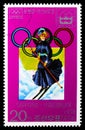 Postage stamp printed in Korea shows Woman in 19th century costume on skis, Winter Olympic Games, Sapporo (1972) and Innsbruck (