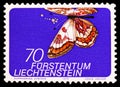 Postage stamp printed in Liechtenstein shows Cynthia`s Fritillary Euphydryas cynthia, Butterflies serie, circa 1974 Royalty Free Stock Photo