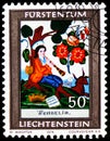 Postage stamp printed in Liechtenstein shows Saint Wendelin, Christmas serie, circa 1974