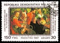 Postage stamp printed in Madagascar shows Joachim Beuckelaer : Market Scene 1564, Paintings from Pushkin-Museum, Moscow serie,