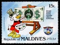 Postage stamp printed in Maldives shows Donald DuckÃÂ´s Family Portraits: Uncle Scrooge, Disney - The 50th Anniversary of Walt