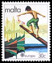 Postage stamp printed in Malta shows Attempting to retrieve flag from the "gostra" (greasy pole), 1981