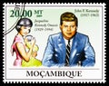 Postage stamp printed in Mozambique shows John F. Kennedy, serie, 20 MTn - Mozambican metical, circa 2009 Royalty Free Stock Photo