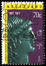 Postage stamp printed in Netherlands shows Relief of the Roman goddess Juno Moneta, Royal Numismatics Society serie, circa 1992