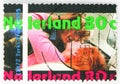 Postage stamp printed in Netherlands shows Rutger Hauer and Monique van de Ven in 'Turks Fruit', International Year of the Movie