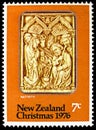 Postage stamp printed in New Zealand shows Nativity, ivory carving, Christmas serie, circa 1976