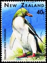 Postage stamp printed in New Zealand shows Yellow-eyed Penguin (Megadyptes antipodes), Marine Wildlife serie, circa 1996