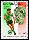 Postage stamp printed in Nicaragua shows Footballplayer Sculpture, FIFA World Cup 1986 - Mexico serie, 1 C$ - Nicaraguan cÃÂ³ Royalty Free Stock Photo